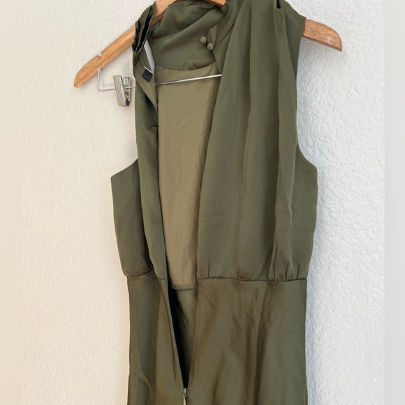 NWOT Distinctive Charm Olive Green Satin Asymmetrical Midi Dress - Picture 6 of 10